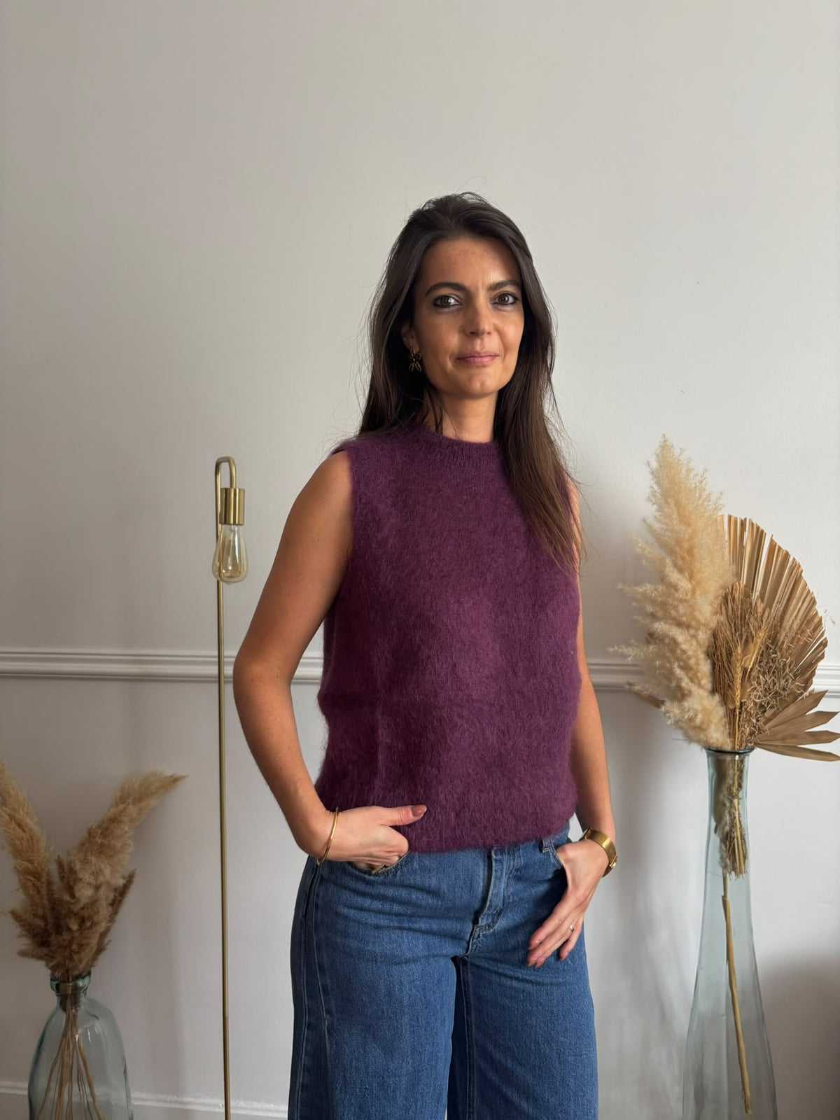 Pull sans manches prune