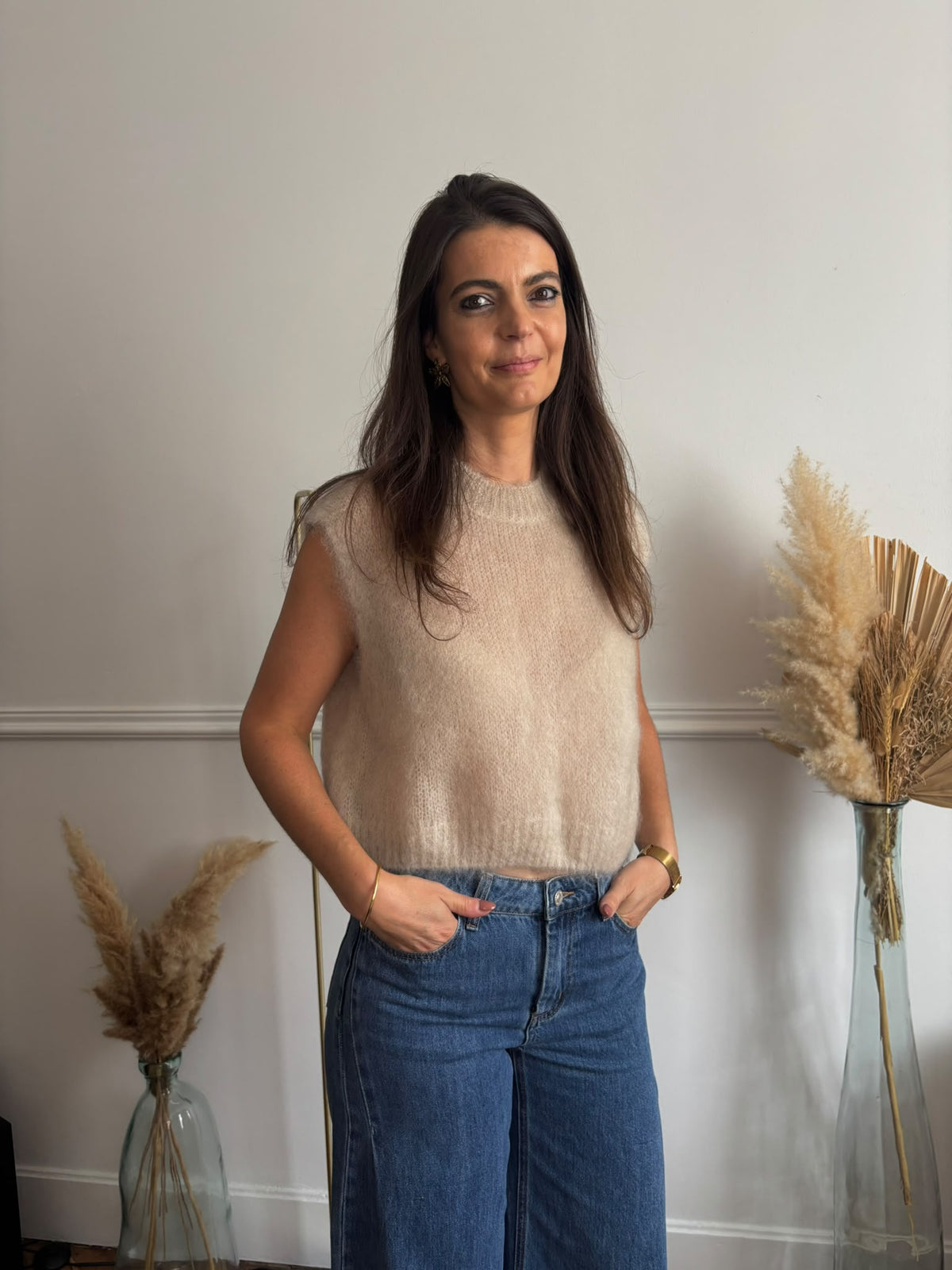 Pull sans manches beige