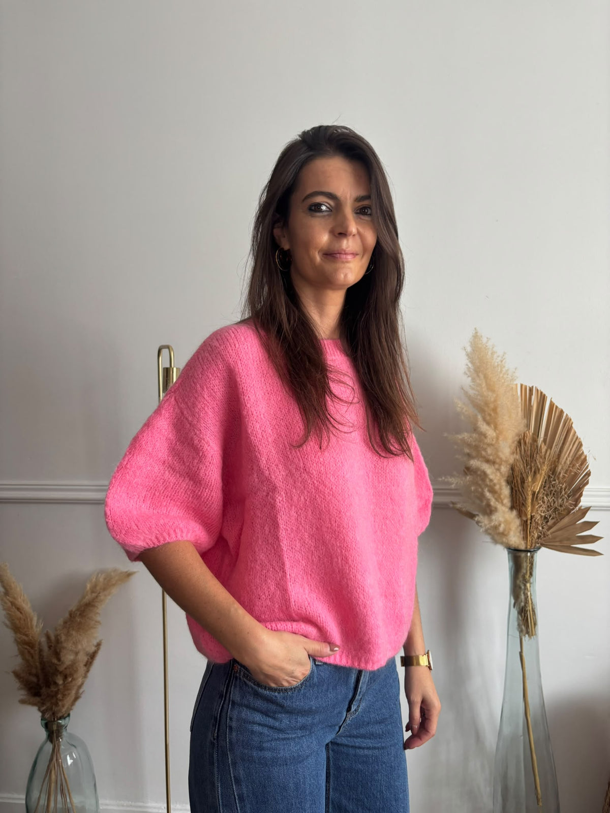 Pull manches courtes rose bonbon
